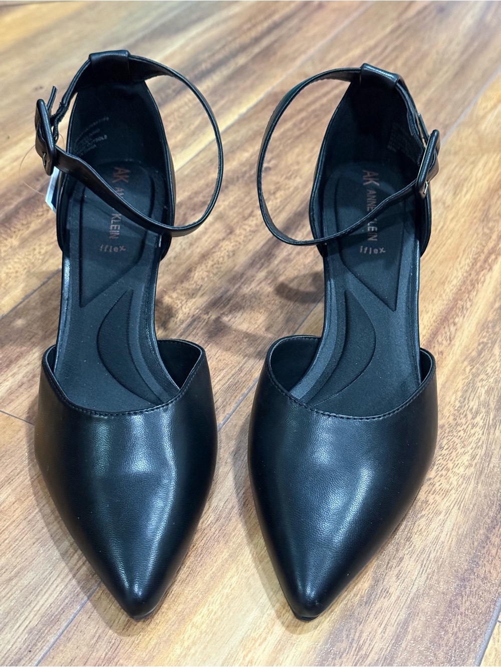 Anne Klein Black Pointed Ankle-Strap Heels
